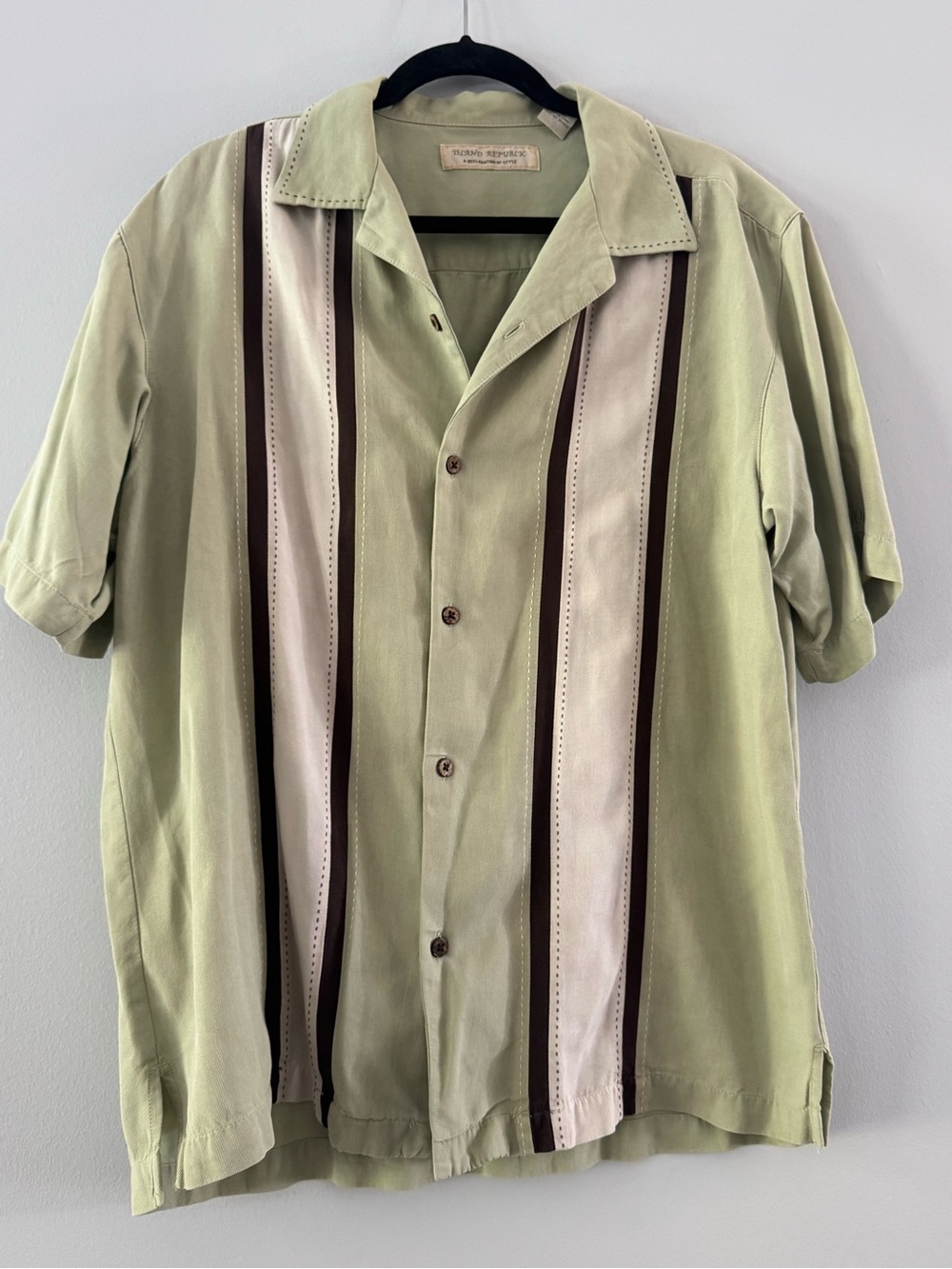 Silk Island Republic Light Green Vertical-Stripe Camp Shirt